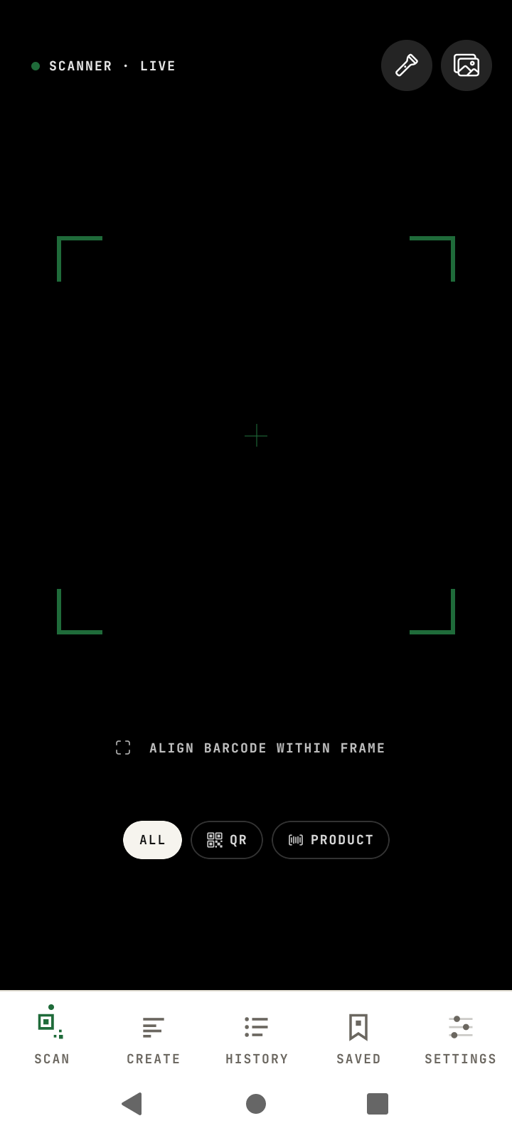 Barcodegen scan screen with camera viewfinder and green corner reticle locking onto a QR code