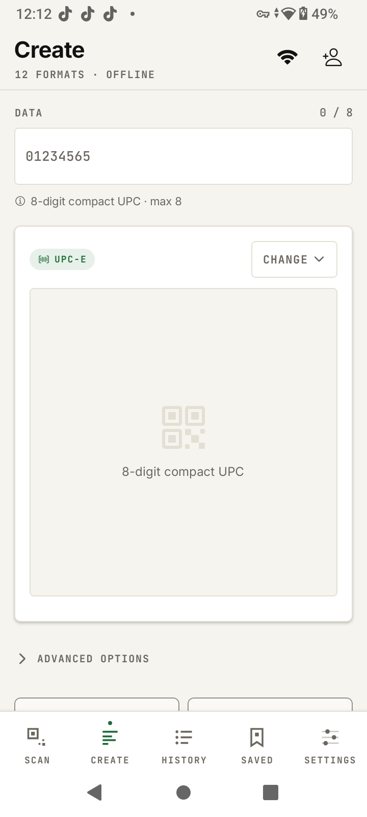 Barcode generator home screen showing format selector grid with QR, UPC, EAN, and Code 128 options
