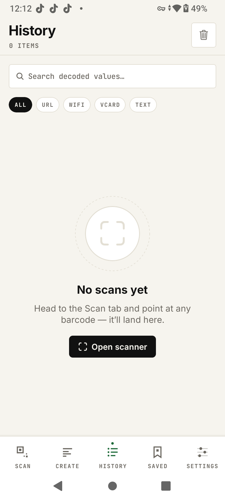 Scan history list grouped by Today and Yesterday with search bar and format filter chips