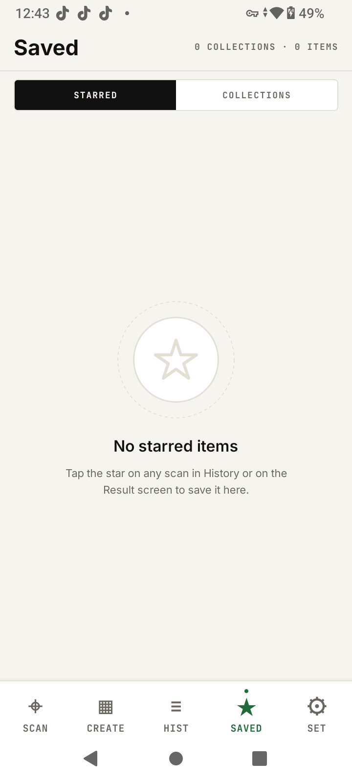 Saved collections screen showing starred barcodes organized into named folders like Loyalty Cards and Wi-Fi