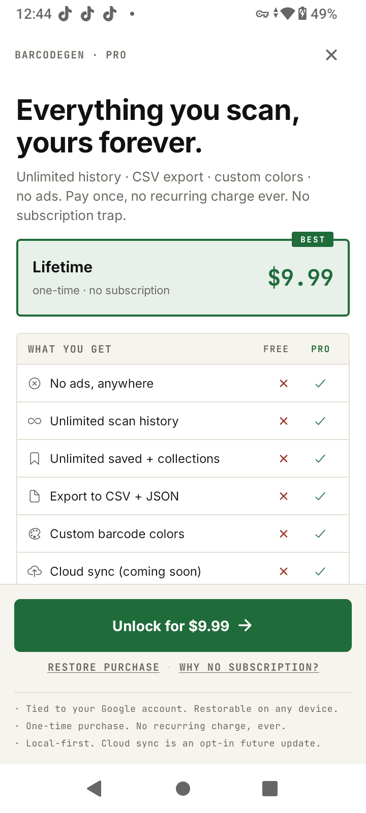 Pro upgrade screen showing one-time $9.99 lifetime unlock with feature list and no subscription option