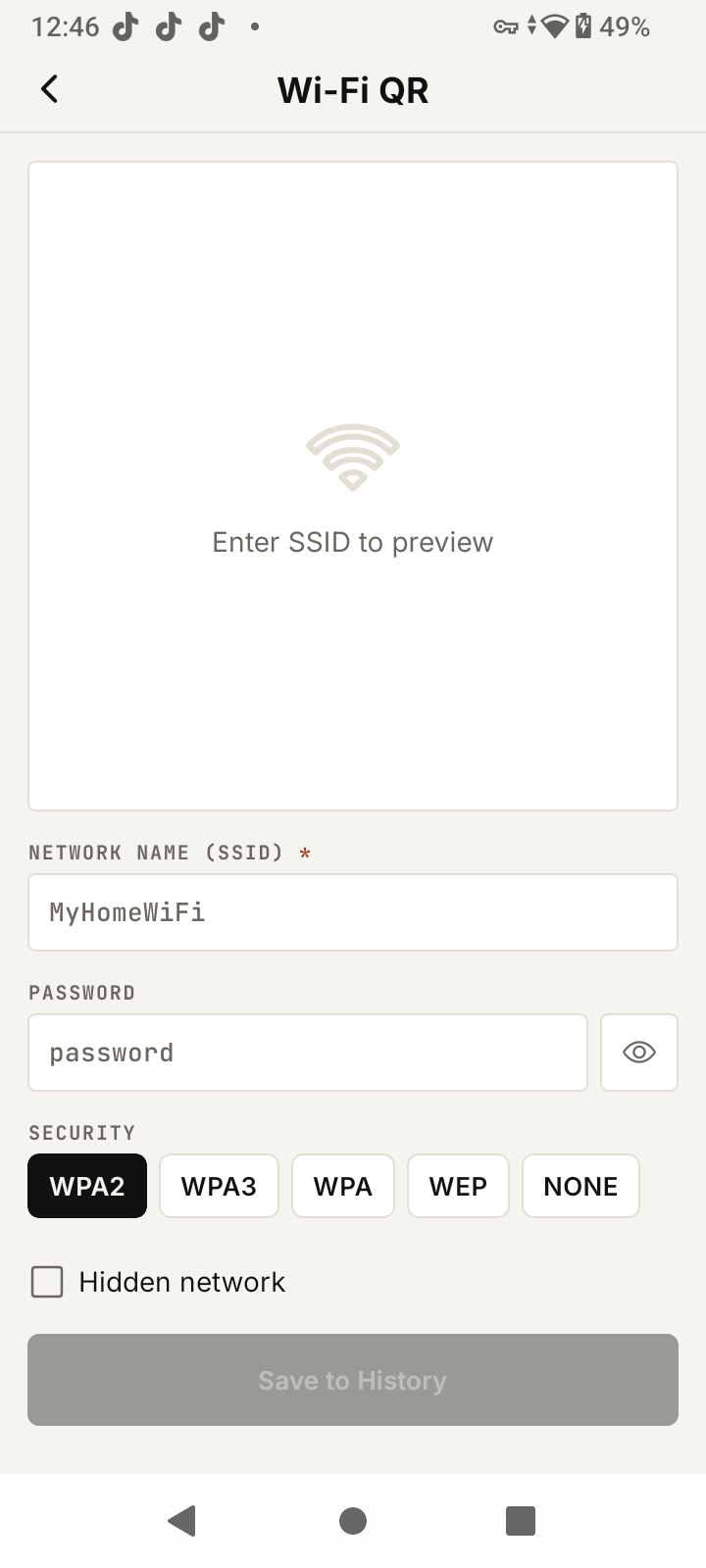 Wi-Fi QR wizard form with SSID, password, and security type fields generating a shareable Wi-Fi QR code