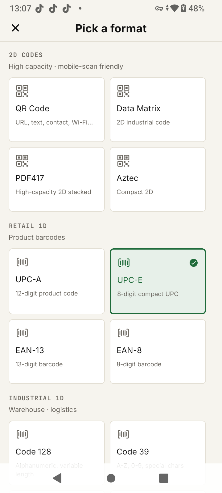 Format picker sheet displaying all 13 supported barcode formats with visual icons and format descriptions